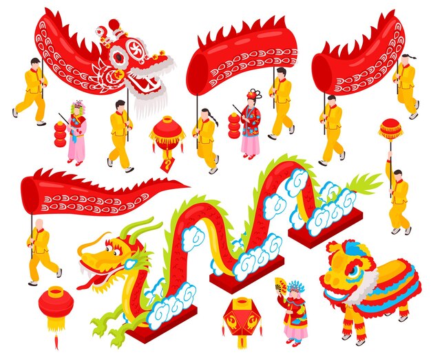 Conjunto isométrico de año nuevo chino de decoraciones festivas tradicionales linternas rojas y partes de dragones ilustración de vector de dibujos animados aislado
