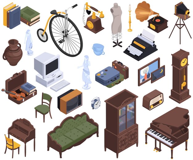 Conjunto isométrico antiguo anticuario de iconos aislados con muebles antiguos y dispositivos en la ilustración de vector de fondo en blanco