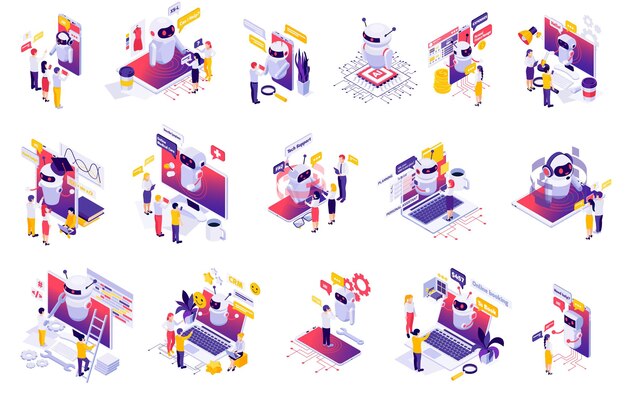 Conjunto isométrico de aplicaciones chatbot messenger ai con ilustración de vector aislado de creación de bot de administrador de negocios de finanzas de tiempo personal