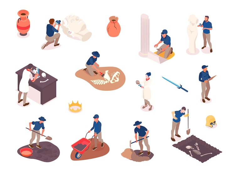 Vector gratuito conjunto isométrico de arqueología con científicos que buscan objetos antiguos aislados en ilustración de vector 3d de fondo blanco