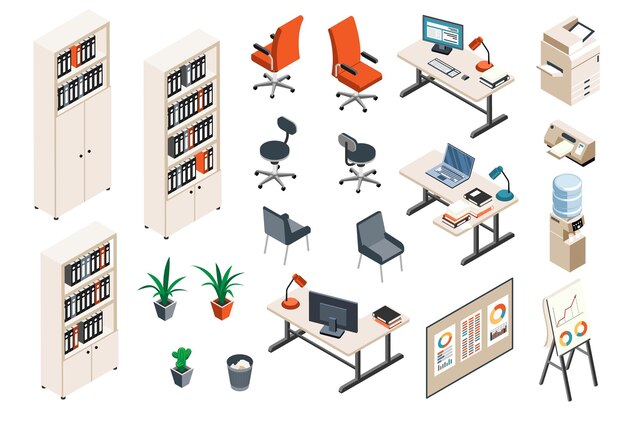 Conjunto isométrico de artículos interiores de oficina con impresora de estación de trabajo, estantería, sillón, enfriador de agua, soporte de presentación, ilustración vectorial aislada
