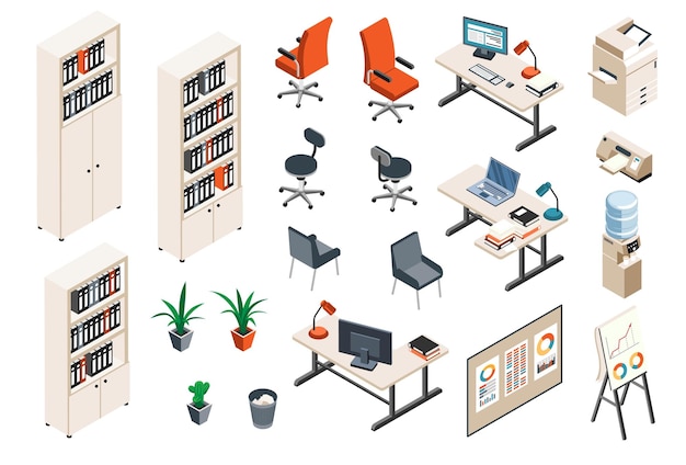 Conjunto isométrico de artículos interiores de oficina con impresora de estación de trabajo, estantería, sillón, enfriador de agua, soporte de presentación, ilustración vectorial aislada