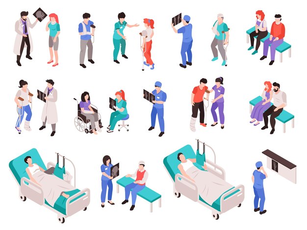 Conjunto isométrico de atención médica de traumatólogos que consultan y tratan a pacientes después de una lesión física ilustración vectorial aislada