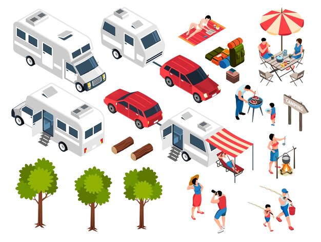 Conjunto isométrico de autocaravanas de viaje familiar de iconos aislados personajes humanos e imágenes de autos autocaravanas ilustración vectorial