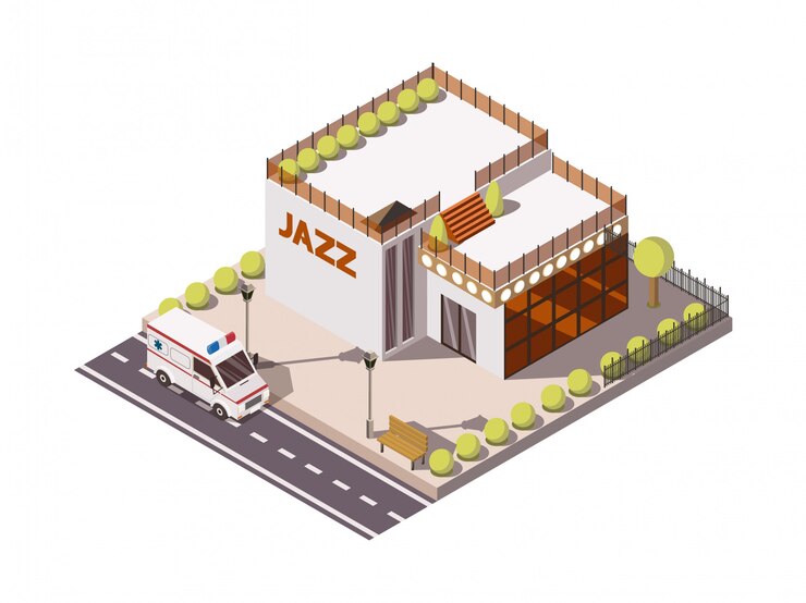 Vector gratuito conjunto isométrico de autos de ambulancia de servicio de rescate cerca del edificio con ilustración de vector 3d de signo de jazz