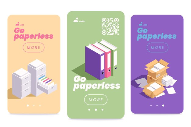 Conjunto isométrico de banners verticales sin papel con pilas de documentos de carpetas de papeles en cajones 3d ilustración vectorial aislada
