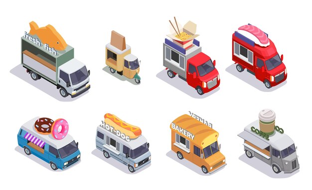 Conjunto isométrico de camión de comida con ocho imágenes aisladas de vehículos de restaurante de comida rápida móvil con ilustración de vector de diseño diferente