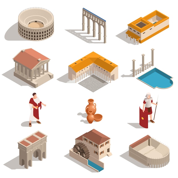 Conjunto isométrico de cerámica de elementos de arquitectura de monumentos de personas de Roma antigua con ilustración de vector aislado de arco triunfal del panteón del Coliseo
