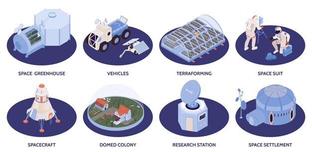 Conjunto isométrico de colonización espacial de la estación de investigación nave espacial asentamiento espacial colonia abovedada composiciones aisladas ilustración vectorial