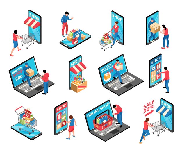 Conjunto isométrico de compras en línea de elementos de escaparate de iconos de venta aislados montados en pantallas de teléfonos inteligentes y portátiles ilustración vectorial