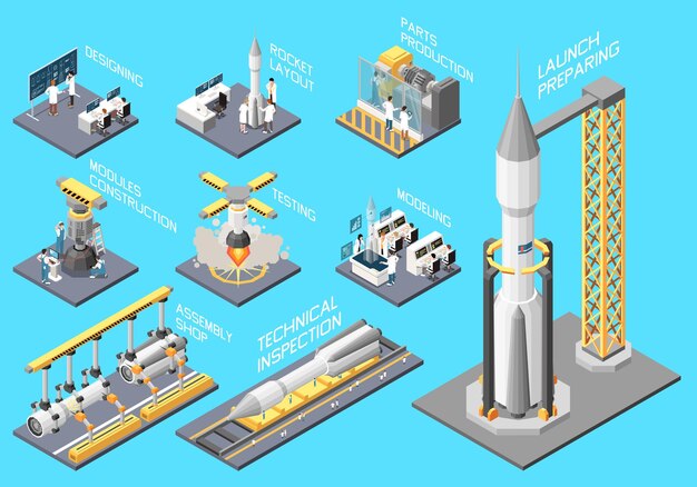 Conjunto isométrico de construcción de cohetes con diseño de naves espaciales y lanzamiento de ilustraciones vectoriales aisladas