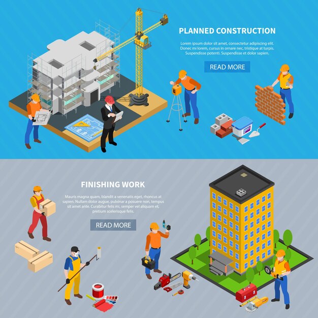 Conjunto isométrico de construcción de dos pancartas horizontales con imágenes editables de texto editable y botón Leer más