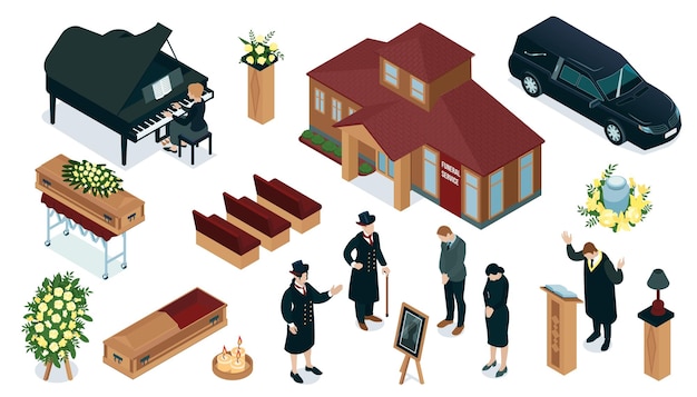 Conjunto isométrico con la construcción de invitados de ataúd fúnebre y varios elementos para el servicio funerario aislado ilustración vectorial 3d