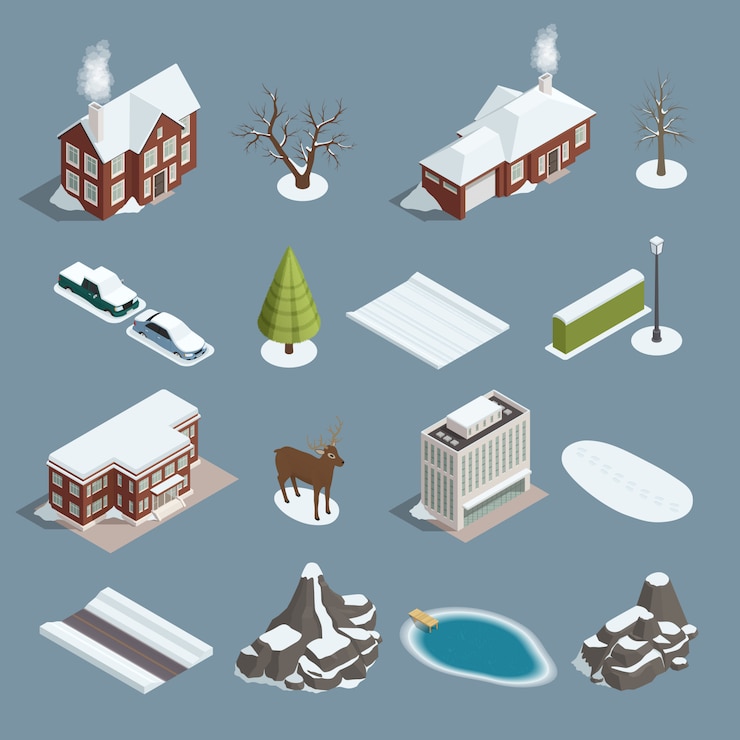 Vector gratuito conjunto isométrico de constructor de paisaje de invierno