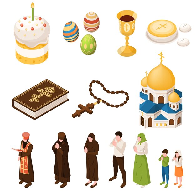 Conjunto isométrico cristiano ortodoxo con religión y símbolos de la iglesia ilustración vectorial aislada