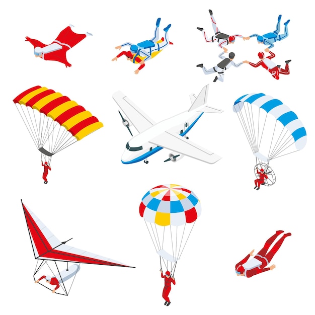 Conjunto isométrico de deportes extremos de deportistas que vuelan en el espacio del cielo en parapente, paracaídas, ala delta, ilustración vectorial aislada