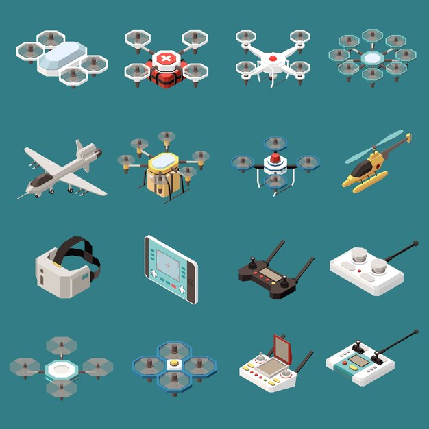 Conjunto isométrico de drones quadrocopters de dieciséis objetos aislados con imágenes de aviones y unidades de control remoto