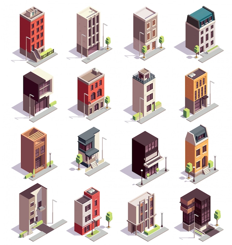 Vector gratuito conjunto isométrico de edificios de casas adosadas de dieciséis edificios coloridos aislados con varios pisos y diseño de arquitectura moderna