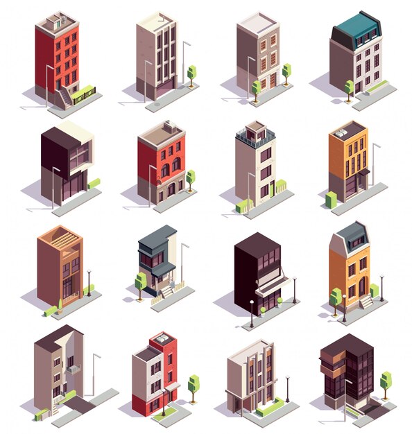 Conjunto isométrico de edificios de casas adosadas de dieciséis edificios coloridos aislados con varios pisos y diseño de arquitectura moderna