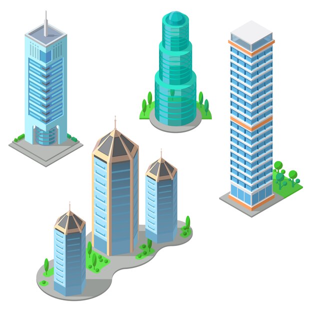 conjunto isométrico de edificios modernos, rascacielos urbanos, torres de altos negocios