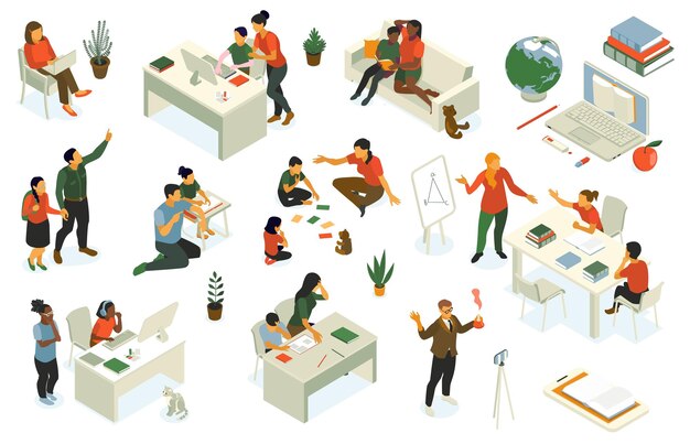 Conjunto isométrico de educación en el hogar con padres que apoyan el estudio de los niños creando un espacio de aprendizaje enseñando juegos en línea a través de la ilustración vectorial