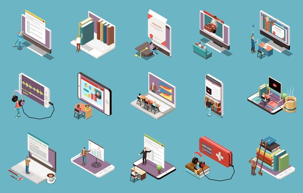 Conjunto isométrico de educación en línea de conferencias web en pantalla de tableta o pc y personas que escuchan podcasts con auriculares conectados a ilustraciones vectoriales de teléfonos inteligentes