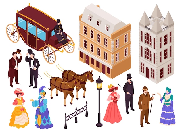 Vector gratuito conjunto isométrico de elementos de arquitectura de moda inglesa de la era victoriana con casas de ciudad linternas ilustración de vector de ciudadanos de carruaje