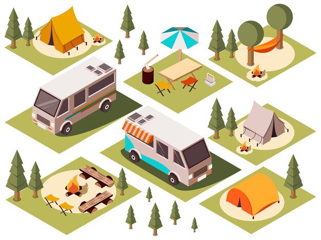 Conjunto isométrico de elementos del campamento