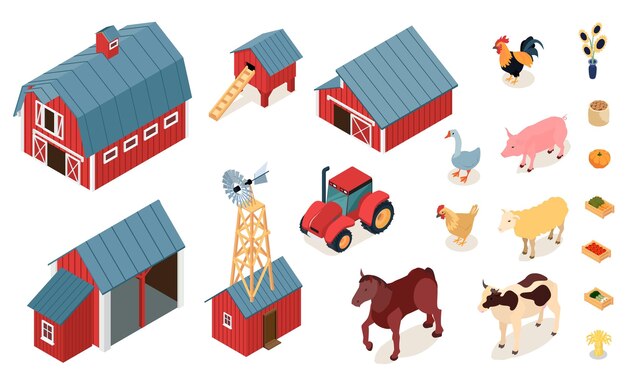 Conjunto isométrico de elementos de granja con pollo puesto casa puesto granero tractor ganado animales calabaza verduras vector ilustración