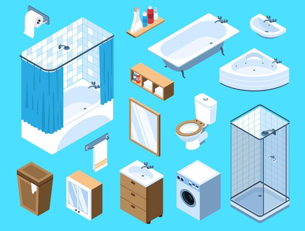 Conjunto isométrico de elementos para el interior del baño con inodoro, bañera, lavabo, lavadora, muebles y accesorios aislados en la ilustración de vector 3d de fondo azul