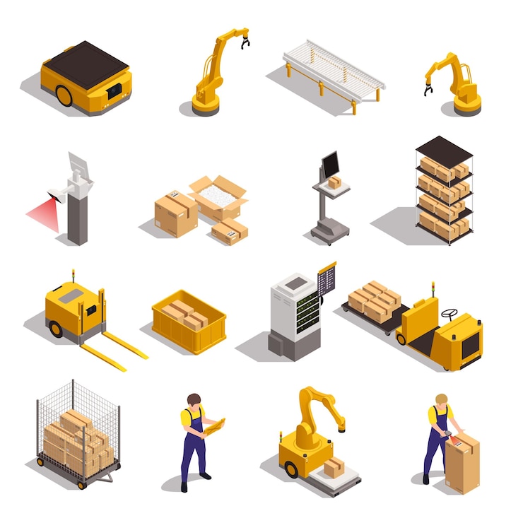 Vector gratuito conjunto isométrico de elementos de sistema automatizado de almacén moderno con software de seguimiento de almacenamiento de transportador de brazo robótico ilustración vectorial aislada