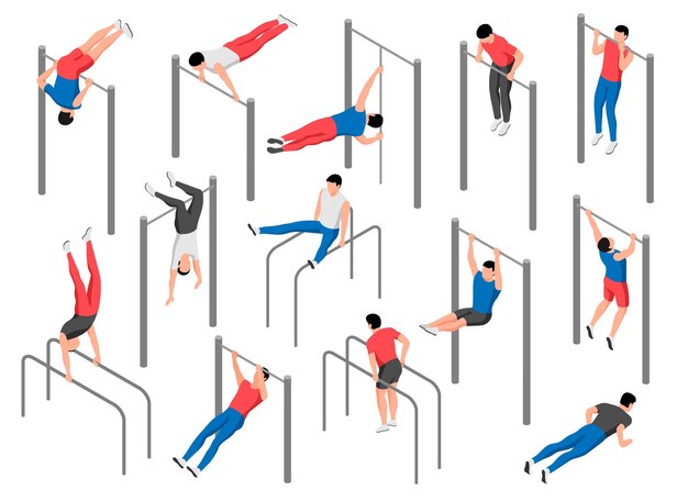 Conjunto isométrico de entrenamiento con hombres haciendo flexiones y flexiones en barras ilustración vectorial 3d aislada