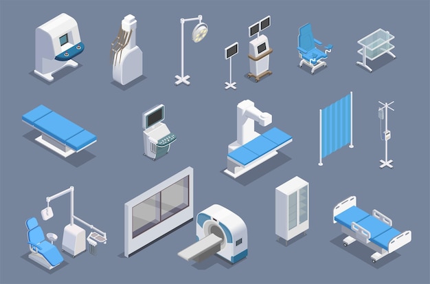 Conjunto isométrico de equipos médicos con imágenes coloridas aisladas de unidades de equipos terapéuticos instalaciones médicas e ilustración vectorial de armamento