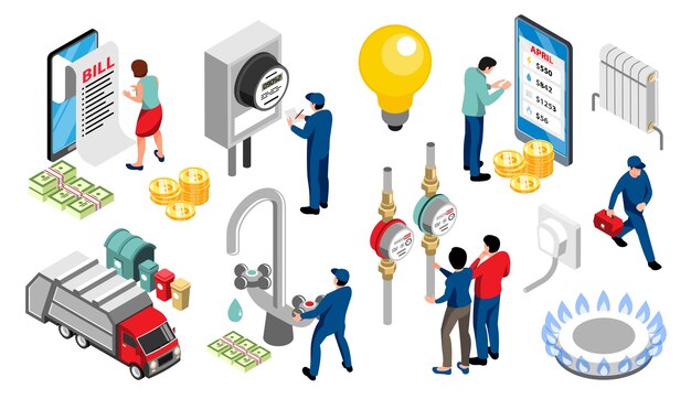 Conjunto isométrico de equipos de servicios públicos domésticos para calor de gas de agua y consumo de electricidad que mide la ilustración vectorial