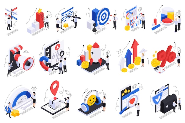 Conjunto isométrico de estrategia de crecimiento empresarial de composiciones aisladas con iconos conceptuales para promoción e ilustración vectorial de compromiso del cliente