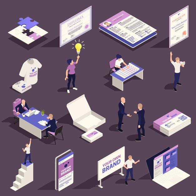 Conjunto isométrico de estrategia de marca personal de autopromoción con ideas creativas que encuentran símbolos de redes de mercado ilustración vectorial aislada
