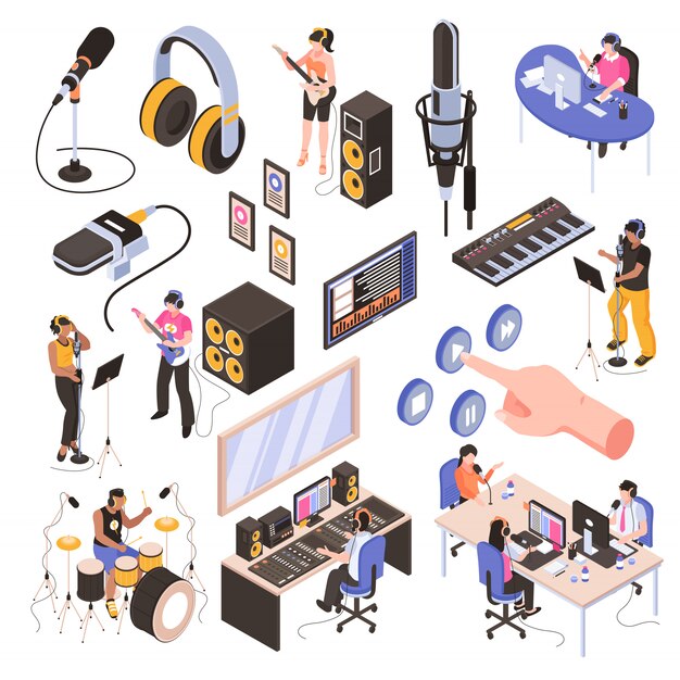Conjunto isométrico de estudio de audio con altavoces en la sala de radio bloggers en el lugar de trabajo y músicos grabando canciones aisladas