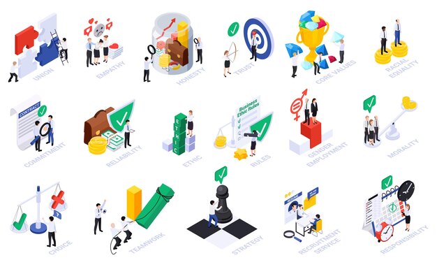 Conjunto isométrico de ética empresarial con iconos conceptuales aislados y personajes humanos de compañeros de trabajo con subtítulos de texto ilustración vectorial