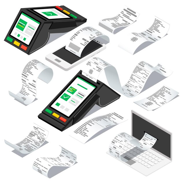 Conjunto isométrico de factura de recibo de iconos aislados con carrete de papel y dispositivos de pago sin contacto con ilustración de vector de sombras