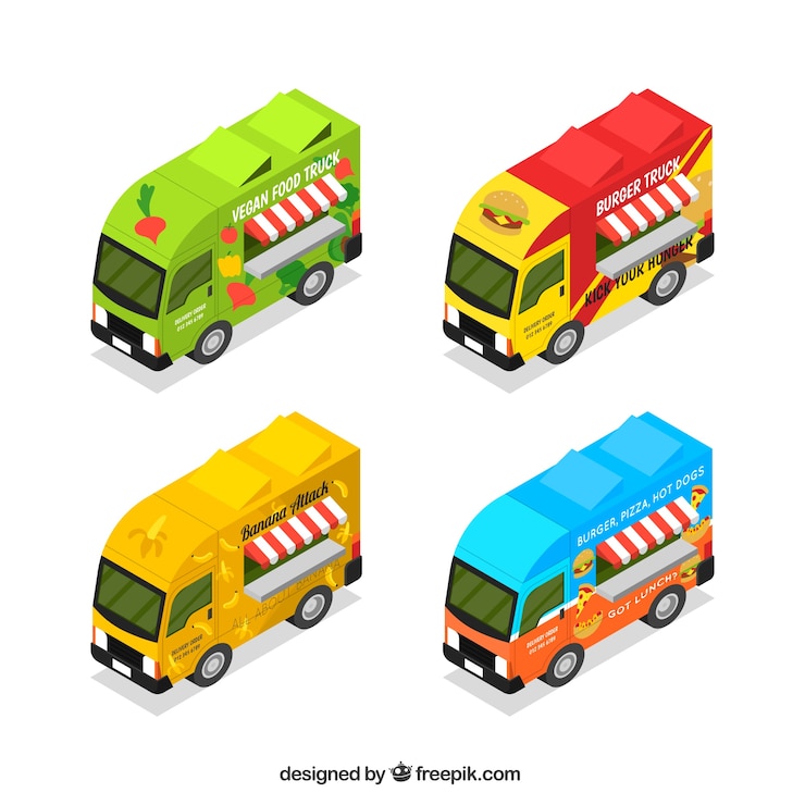 Vector gratuito conjunto isométrico de food trucks