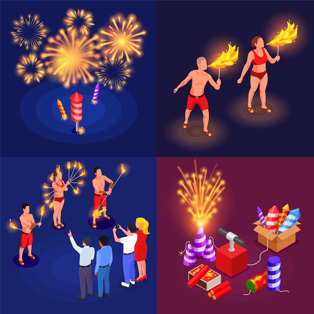 Vector gratuito conjunto isométrico de fuegos artificiales 2x2