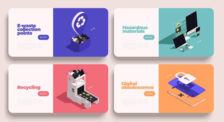 Vector gratuito conjunto isométrico de gestión de desechos electrónicos de cuatro pancartas horizontales con texto editable y más ilustración de vector de botón en el que se puede hacer clic