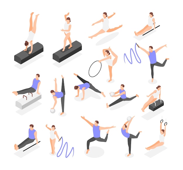 Vector gratuito conjunto isométrico de gimnasia de íconos aislados con personajes humanos de artistas diferentes poses de gestos e ilustración vectorial de aparatos