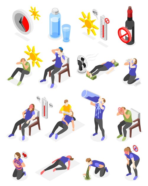 Conjunto isométrico de golpe de calor con iconos aislados de imágenes de sol de reloj de vidrio de agua y personas que sufren ilustración vectorial