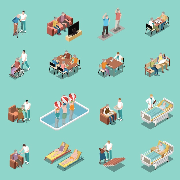 Conjunto isométrico de hogar de ancianos de personal que monitorea a pacientes y personas mayores involucradas en diferentes actividades ilustración vectorial aislada
