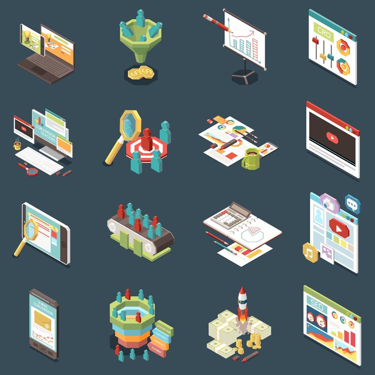 Vector gratuito conjunto isométrico de iconos coloridos de tasa de conversión con optimización de motor de búsqueda de seguimiento de embudo de marketing ilustración de vector aislado 3d