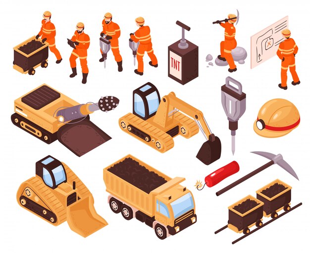 Conjunto isométrico de iconos con maquinaria minera y mineros aislados sobre fondo blanco ilustración 3d