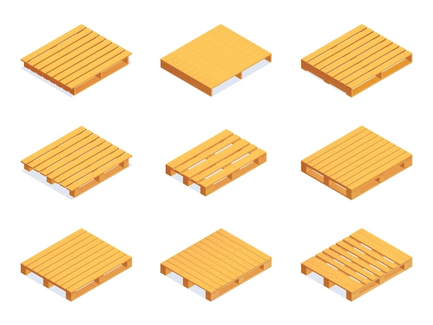 Conjunto isométrico de iconos de paleta de envío amarillo de madera ilustración vectorial aislada