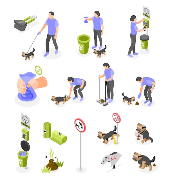 Vector gratuito conjunto isométrico de íconos con personas limpiando después de sus perros y señales al aire libre ilustraciones vectoriales aisladas