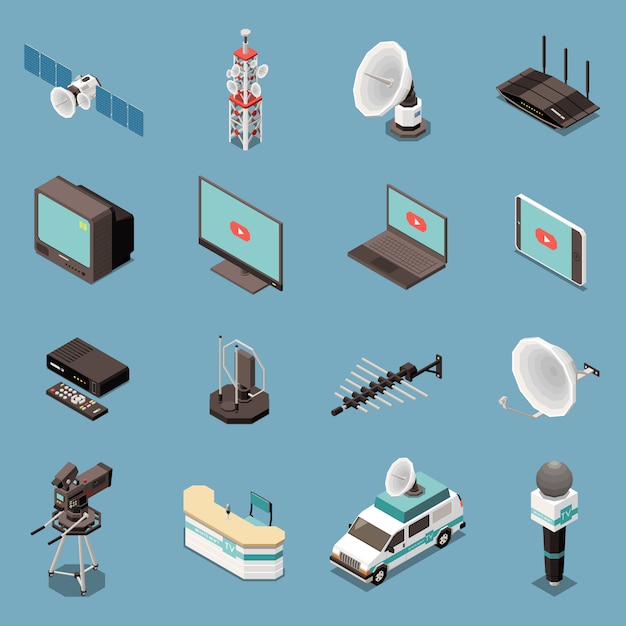 Conjunto isométrico de iconos con varios equipos de telecomunicaciones y dispositivos aislados